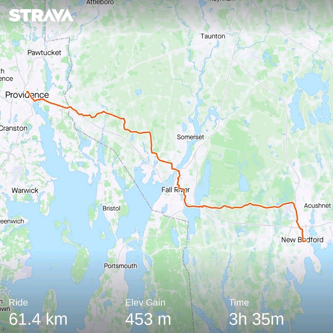Strava route - Day 1, Providence to New Bedford