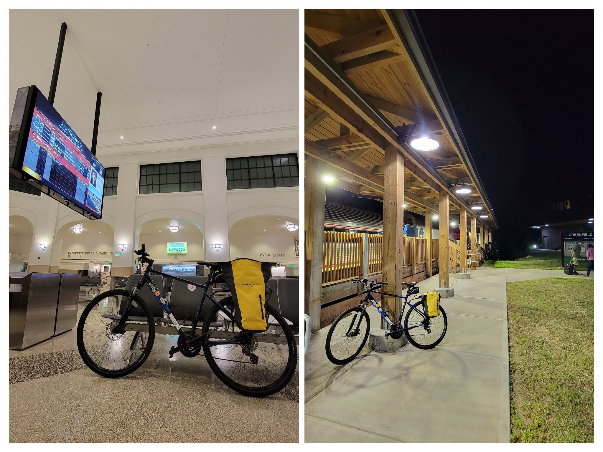 My bike at Springfield Union Station, and again at Greenfield Station