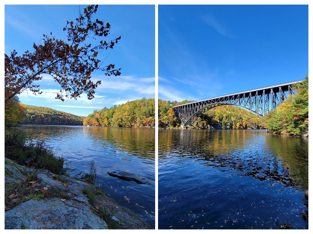 Two-photo panorama of the Connecticut River, and the French King Bridge from Cabot Camp