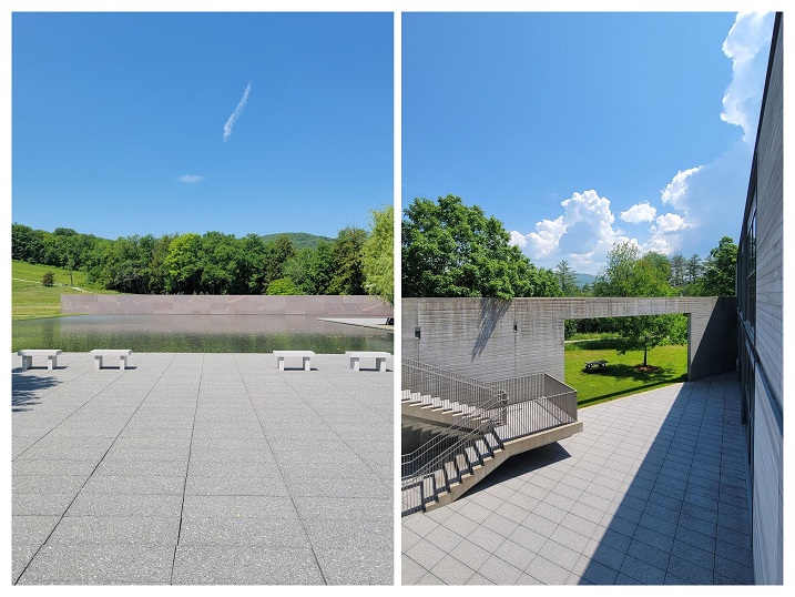 Benches by the pool, and an exterior stairway in a courtyard, by Tadao Ando