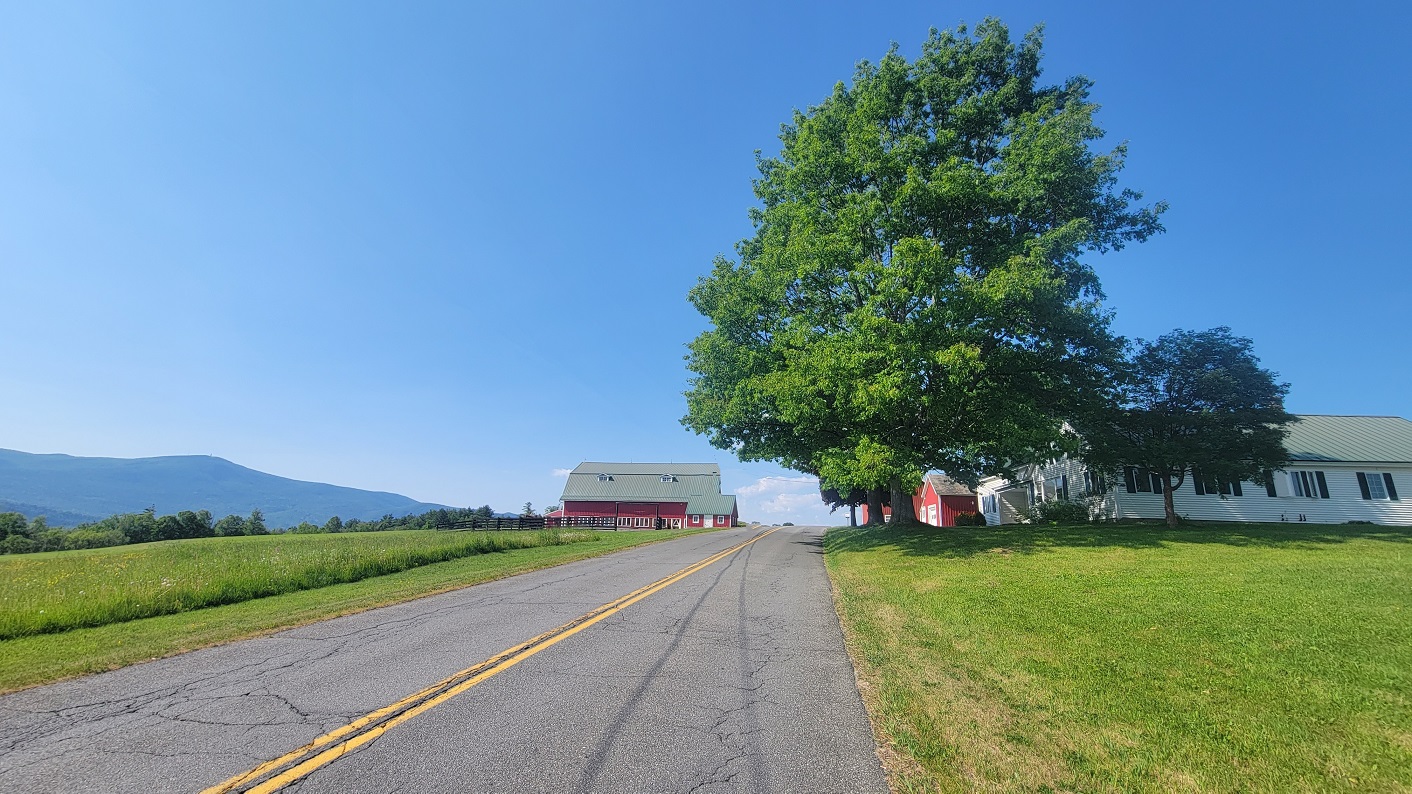 Farm buildings and Mt Greylock in the background