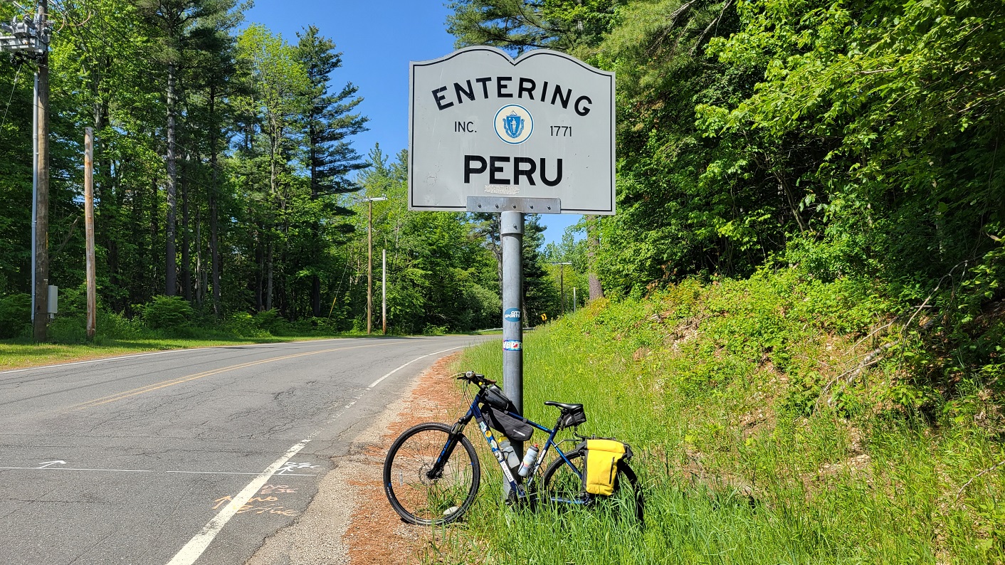 Peru town sign on Rt 143. I saw a bear cub right after this sign in the distance!
