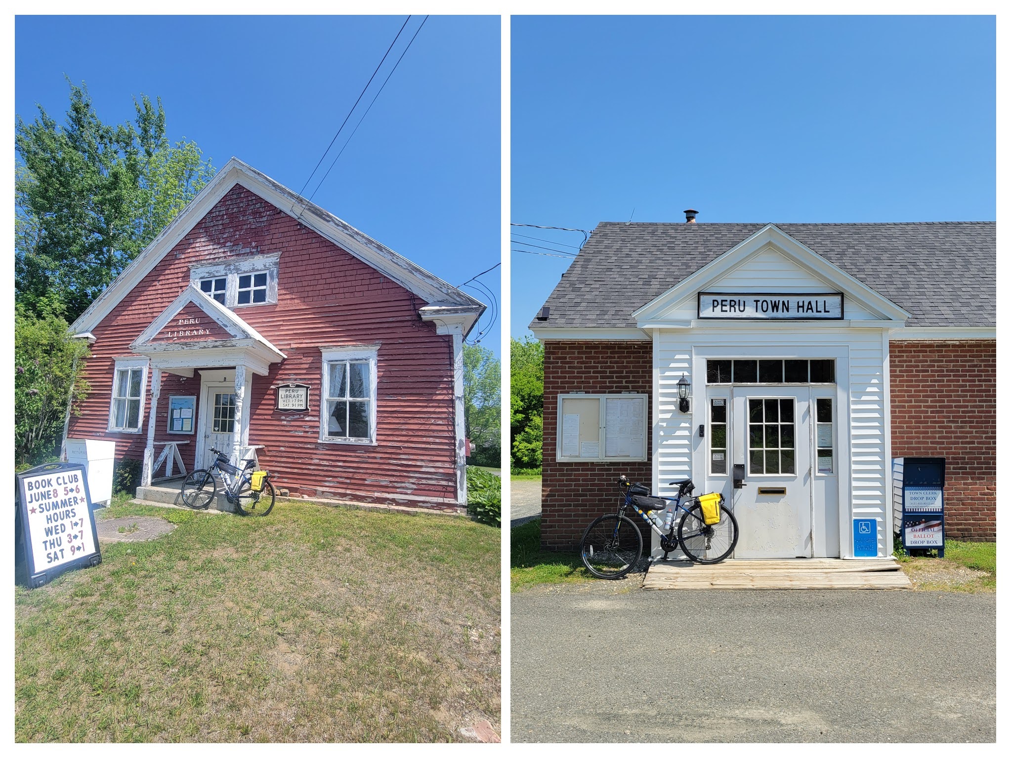 Two important buildings in the town of Peru - the town offices, and library