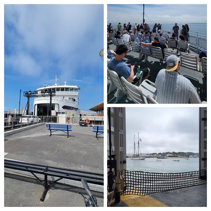 Wood’s Hole to Martha’s Vineyard Ferry, at the terminal, on the deck, and below where our bikes were