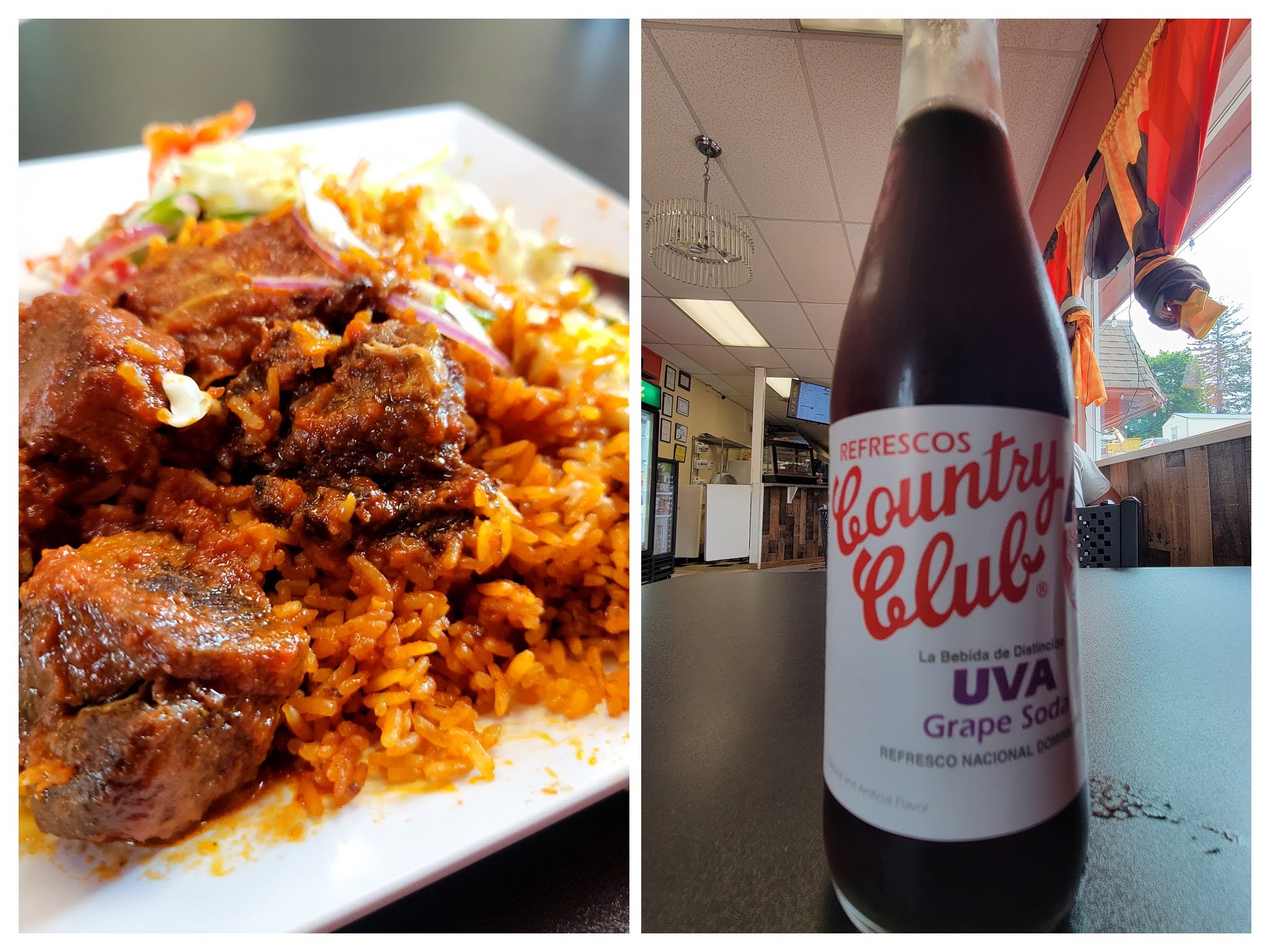 Jollof Rice with Beef Stew, and Grape Soda at Afro Fusion Restaurant, in Webster, MA