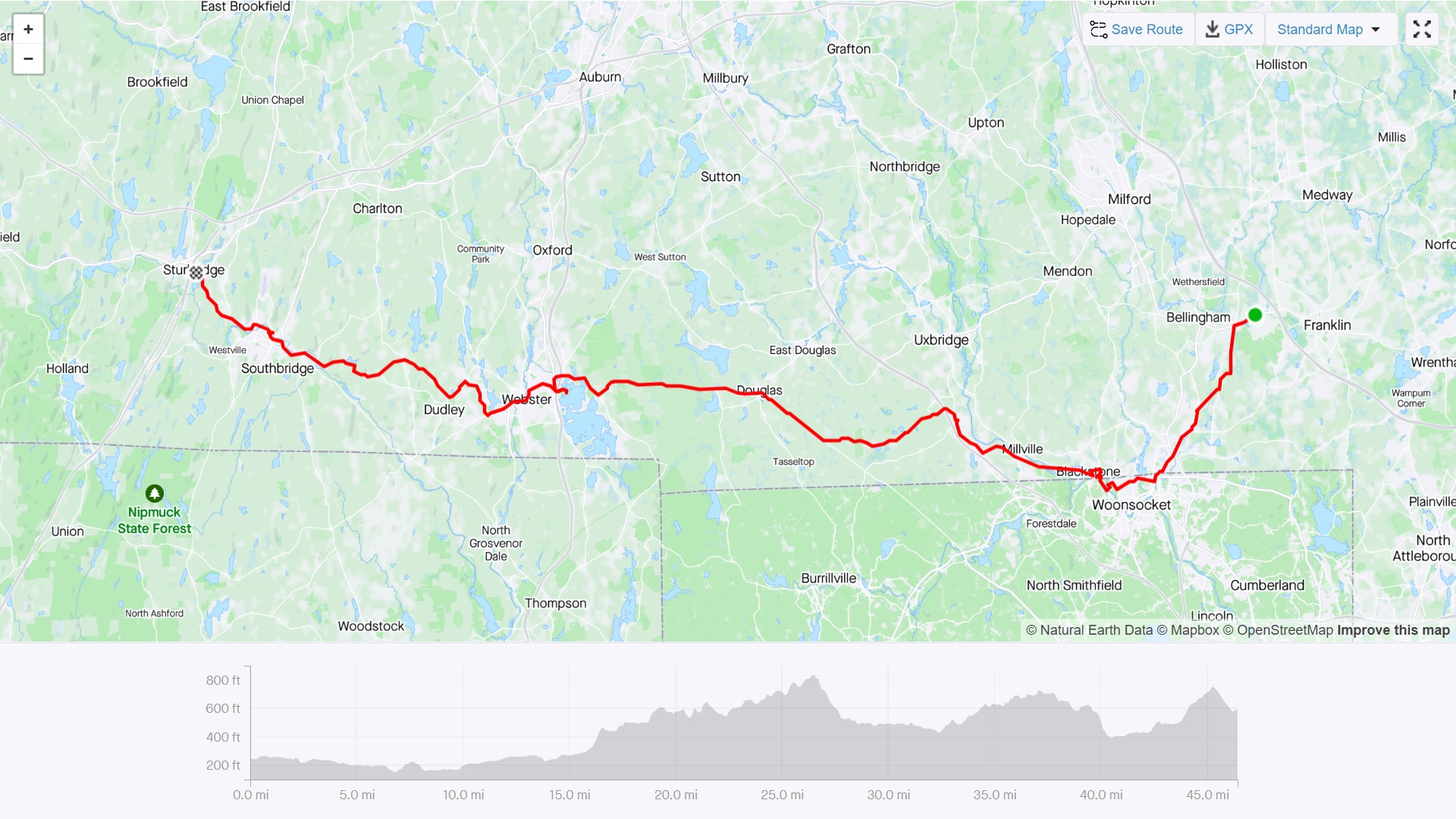 Strava Route Day 1 - Franklin to Sturbridge