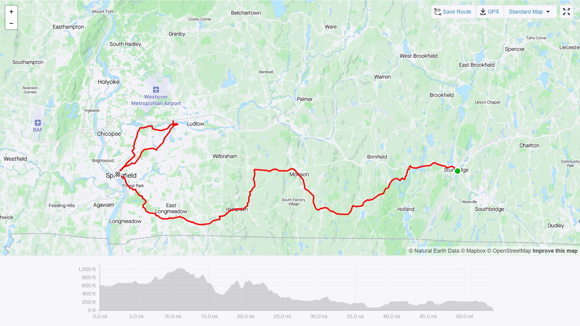 Strava Route Day 2 - Sturbridge to Springfield, and the Ludlow-Chicopee loop