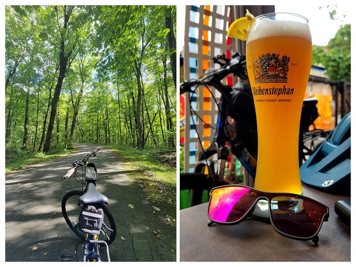 My bike on a path in the Robinson State Park, Agawam, and a tall beer at the Student Prince German restaurant in Springfield