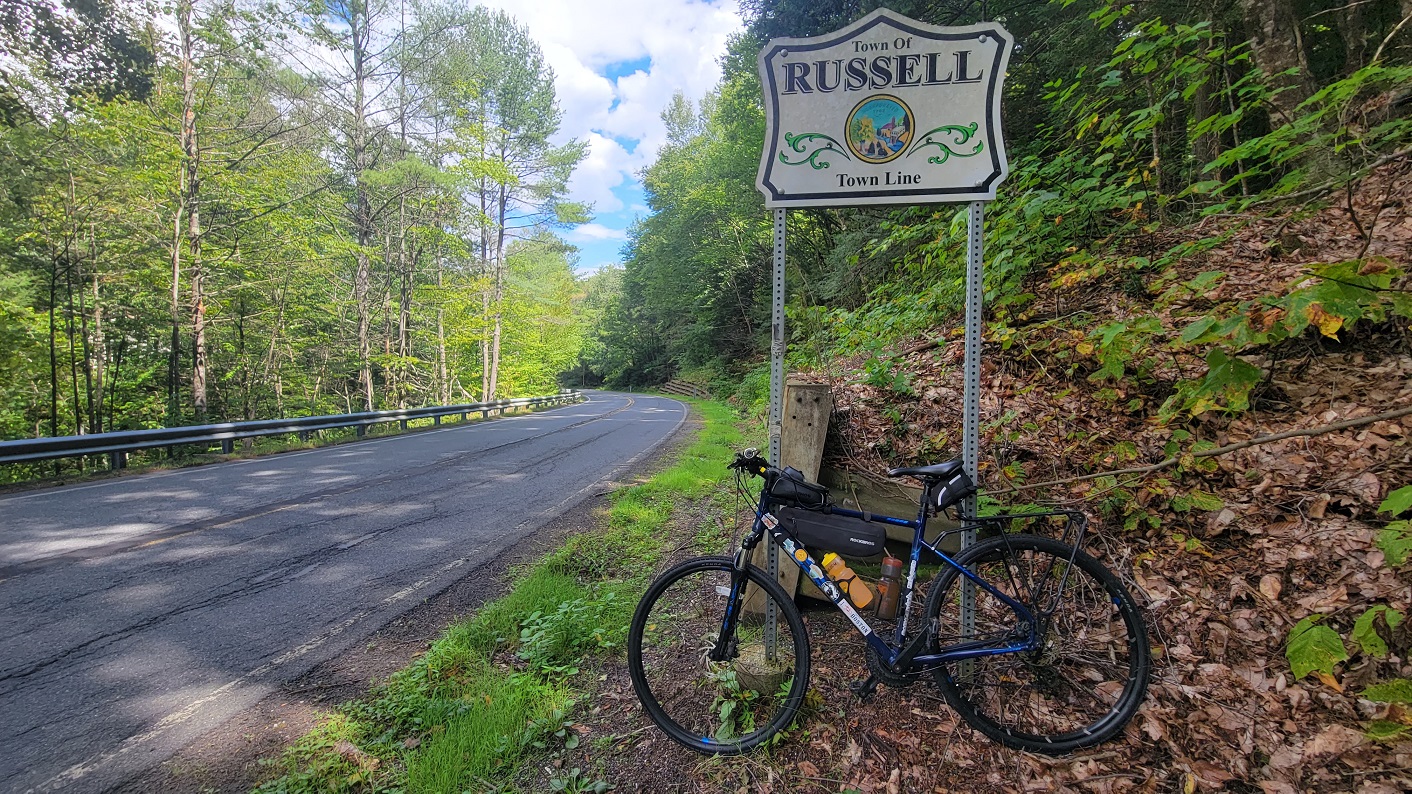 My bike at the Russell town line with Blandford on Russell/Blandford Stage Road